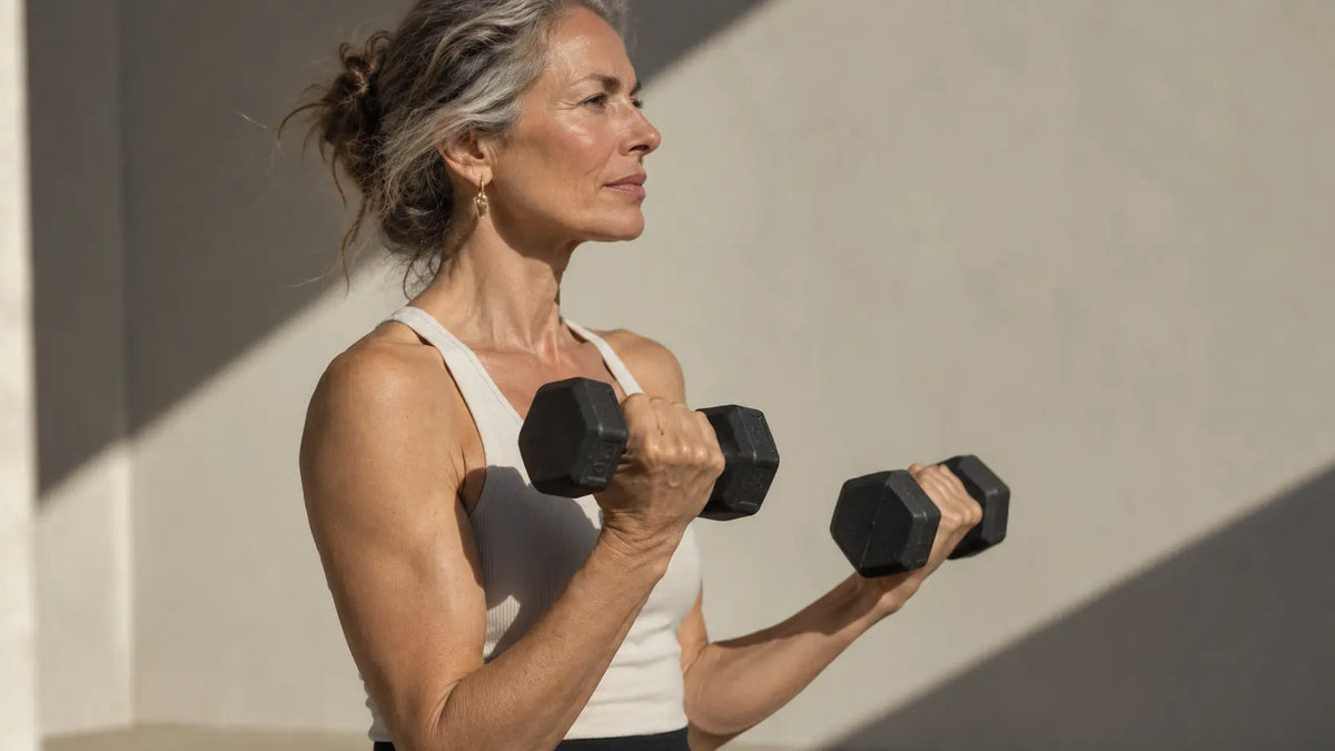Mujer de unos 50 añis entrenando fuerza con mancuernas